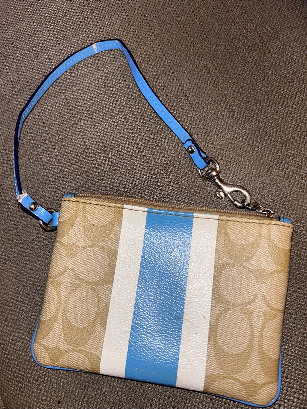 Coach Khaki Wristlet with Blue & Cream Racing Stripe